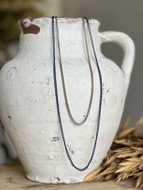 Layered Navy and Gold Toned Mixed Metal Chain Necklace